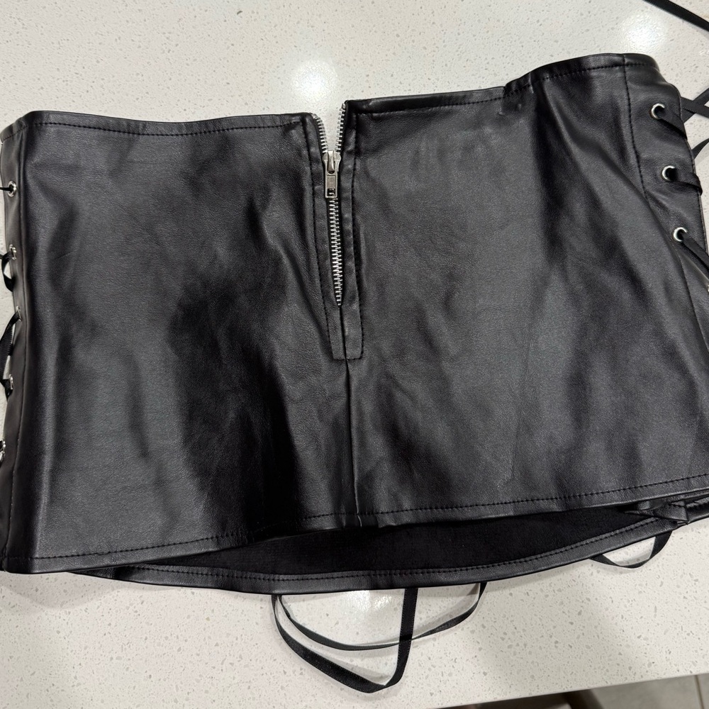 Sexy Black Lace-Up Leather Micro mini  Skirt